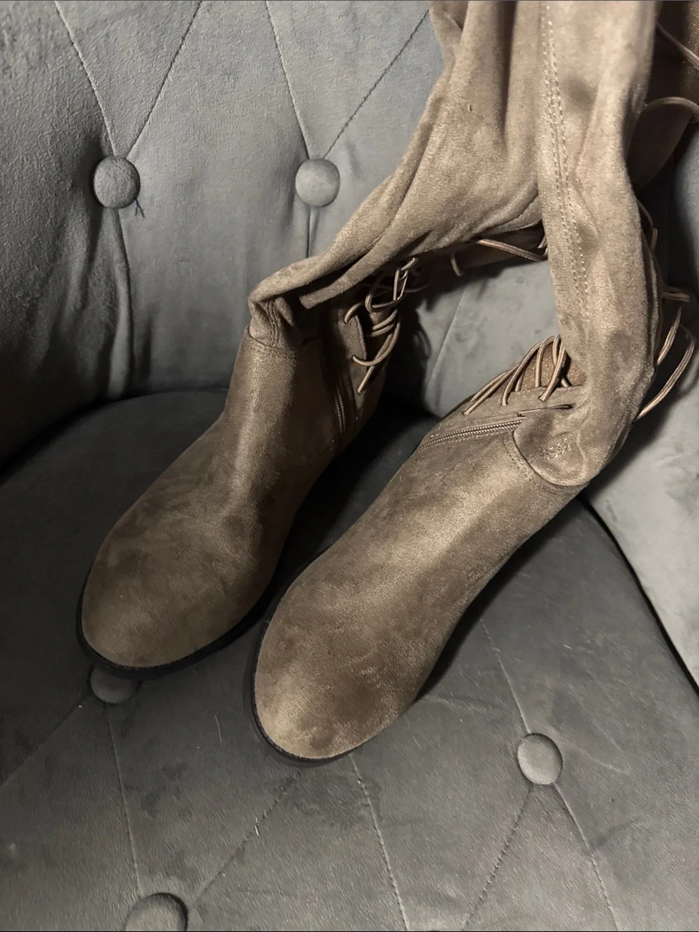 Knee-High Lace Back Women's Boots in Taupe